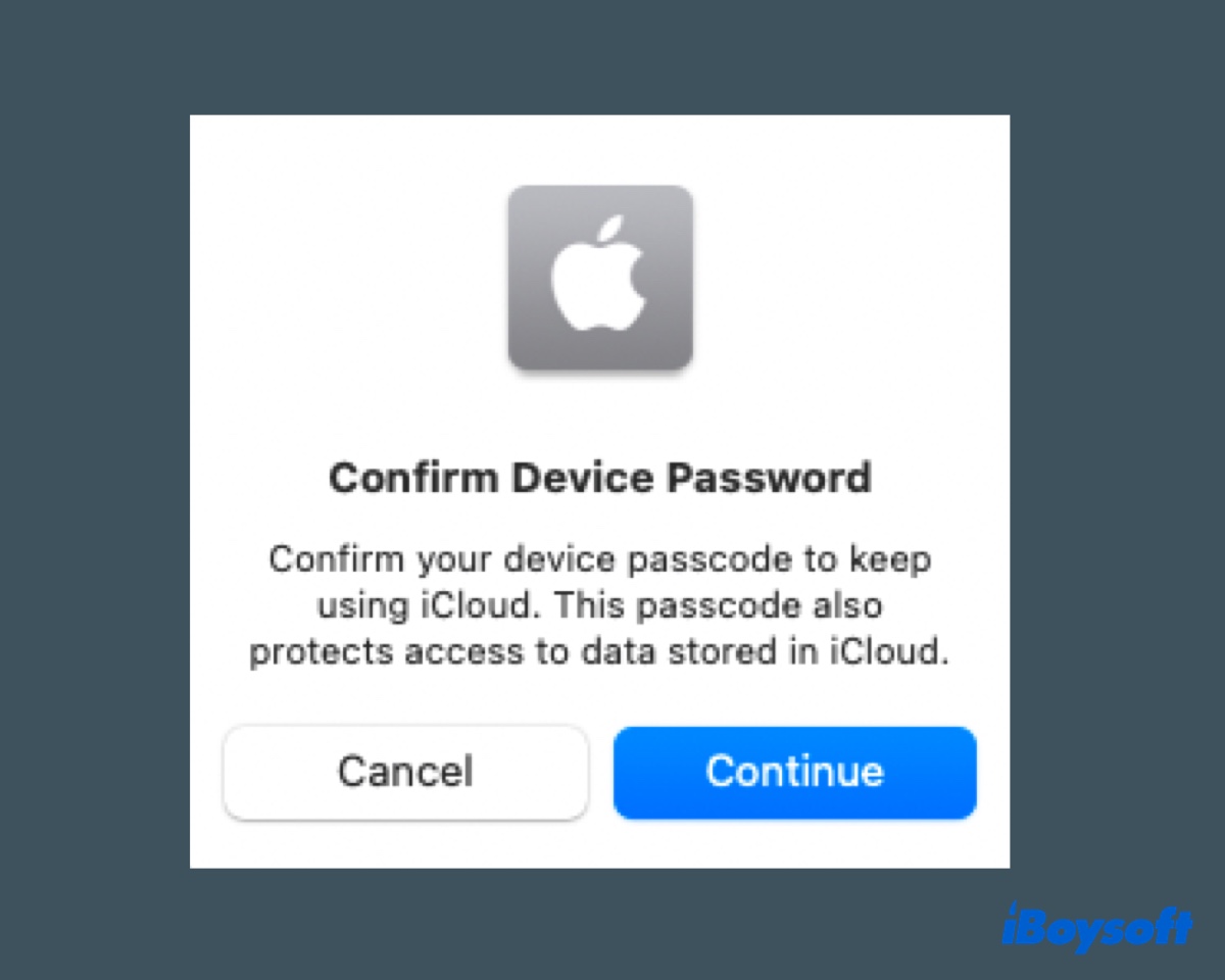Confirm Device Password to continue using iCloud